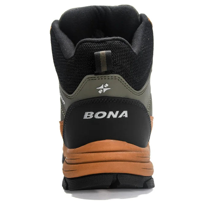 Black and olive green bona hiking boot with a tan rubber sole