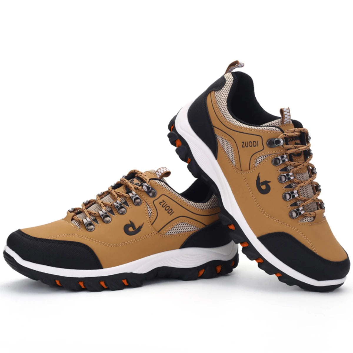Tan and black zuodi hiking shoes with white soles, mesh panels, and orange-accented laces