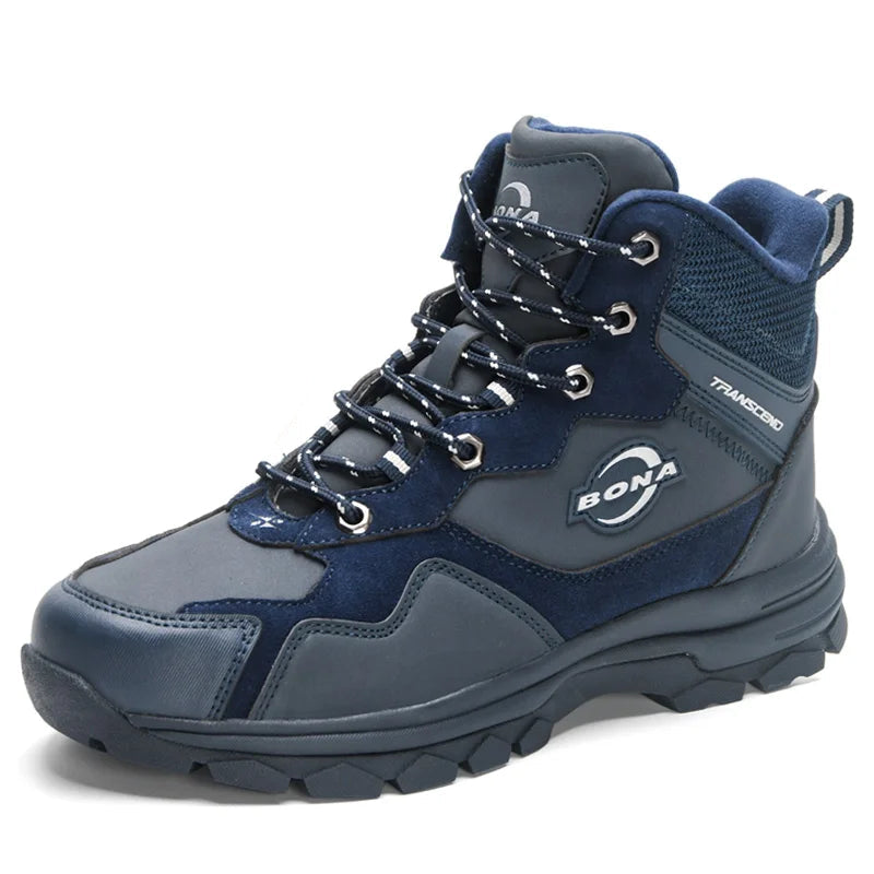 Dark blue and gray bona transcend high-top hiking boot with reinforced stitching, textured rubber sole, and mesh lining