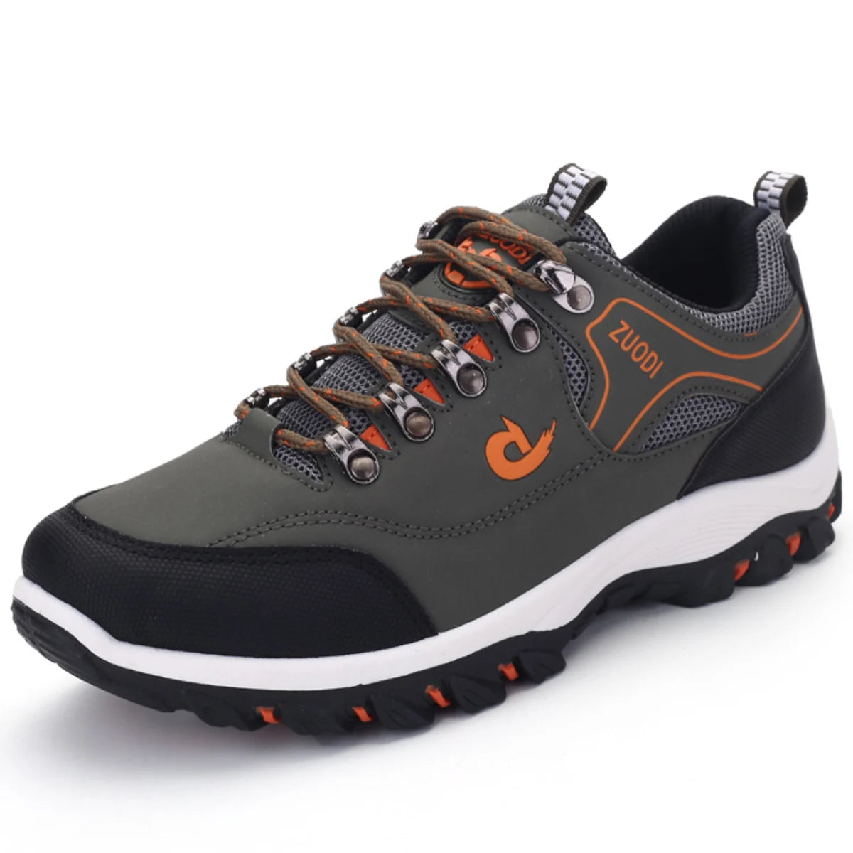 Dark gray and black zuodi hiking shoe with orange accents, mesh upper, and rugged rubber sole
