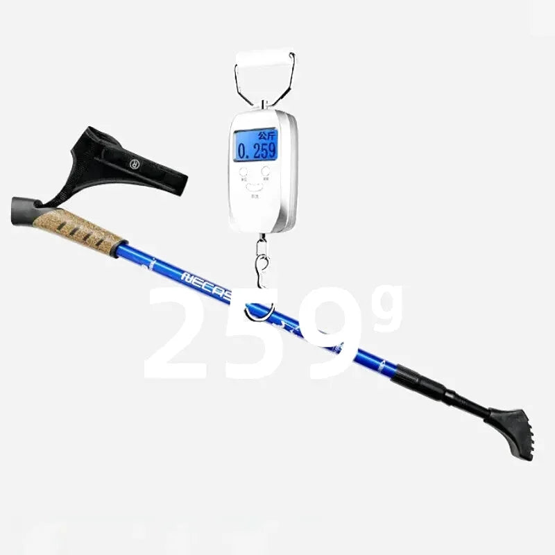 Blue and black telescopic fishing rod with a cork grip, branded ’reeers,’ displayed alongside its digital scale showing 259 grams