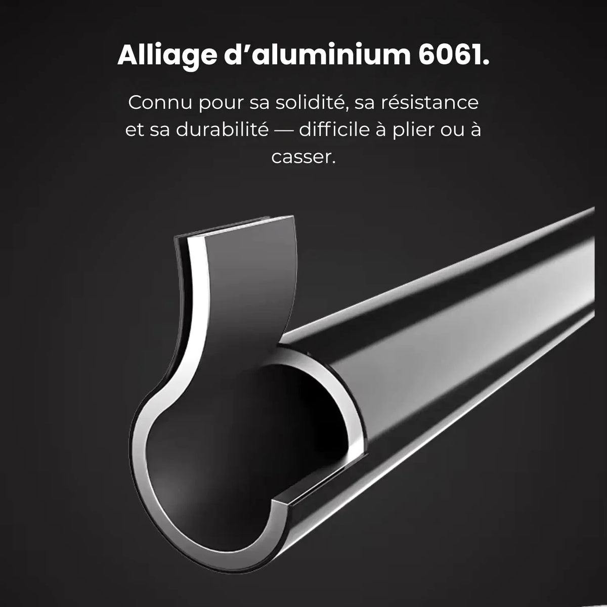 A sleek, metallic aluminum 6061 profile with a polished silver finish and precise, engineered contours