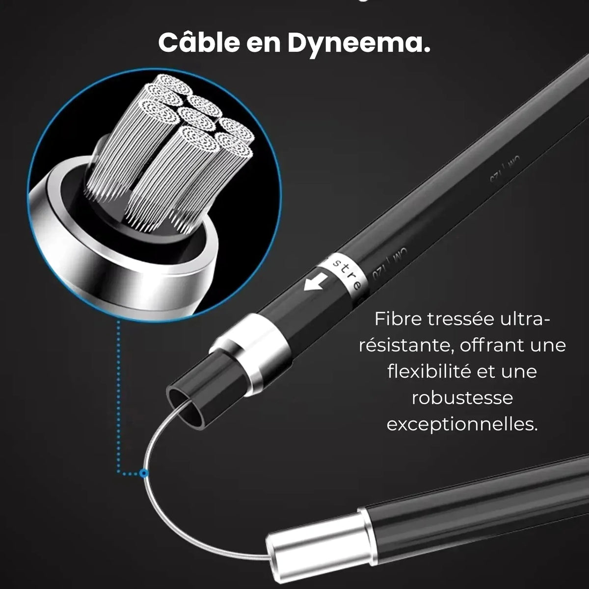 Black dyneema cable with a sleek, reinforced design and metallic silver connectors