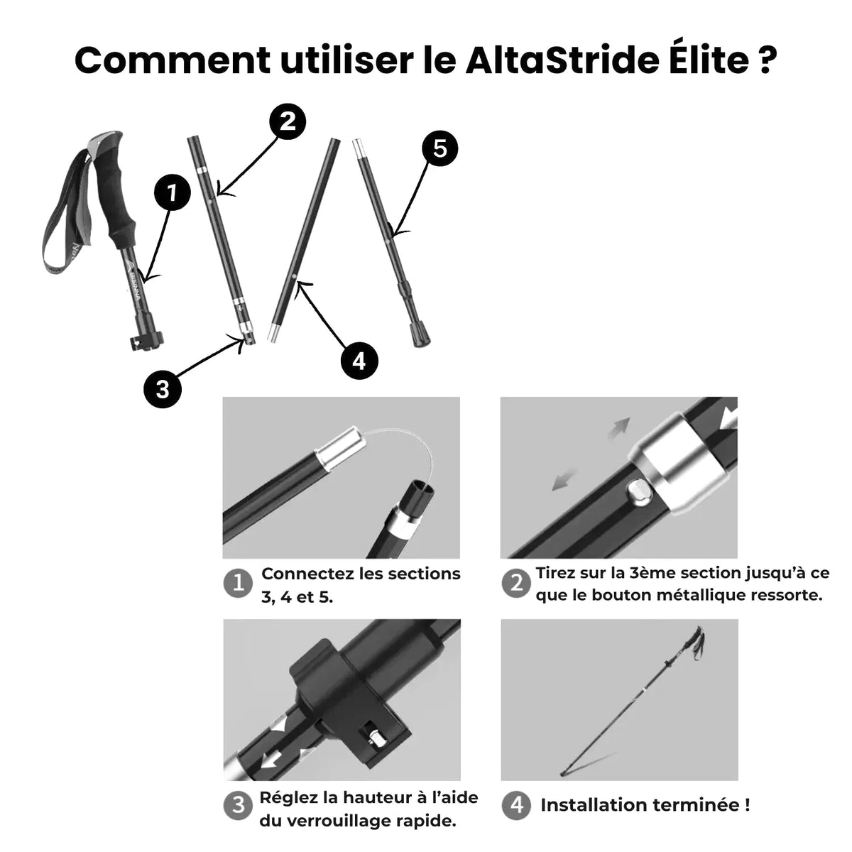 Black altastride elite folding trekking pole with ergonomic grip and metallic locking mechanism