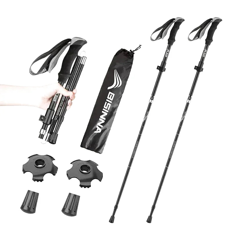 Black bisinna brand telescopic hiking poles with adjustable grip and rubberized tips