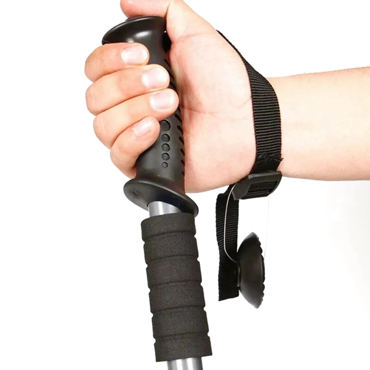 Black ergonomic hiking pole with textured grip and adjustable strap