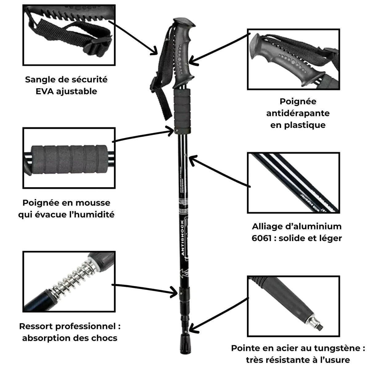Black antihook brand trekking pole with adjustable eva strap, anti-slip plastic grip, foam handle that wicks moisture, aluminum 6061 shaft for strength and lightness, professional spring shock absorption, and tungsten steel tip