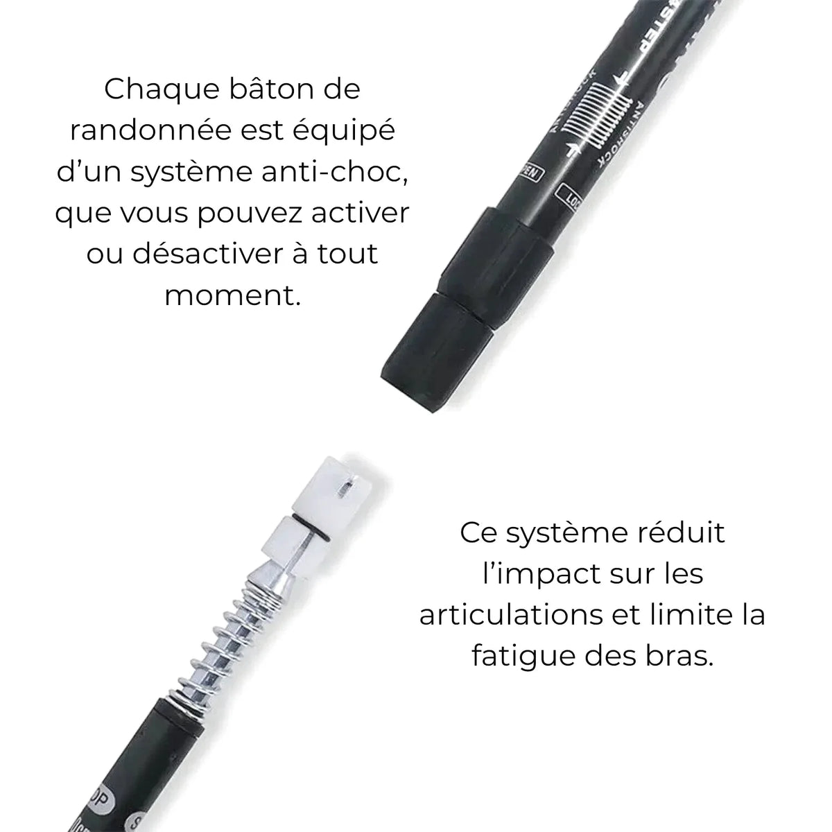 Black trekking pole with a white anti-choc system featuring a silver spring mechanism