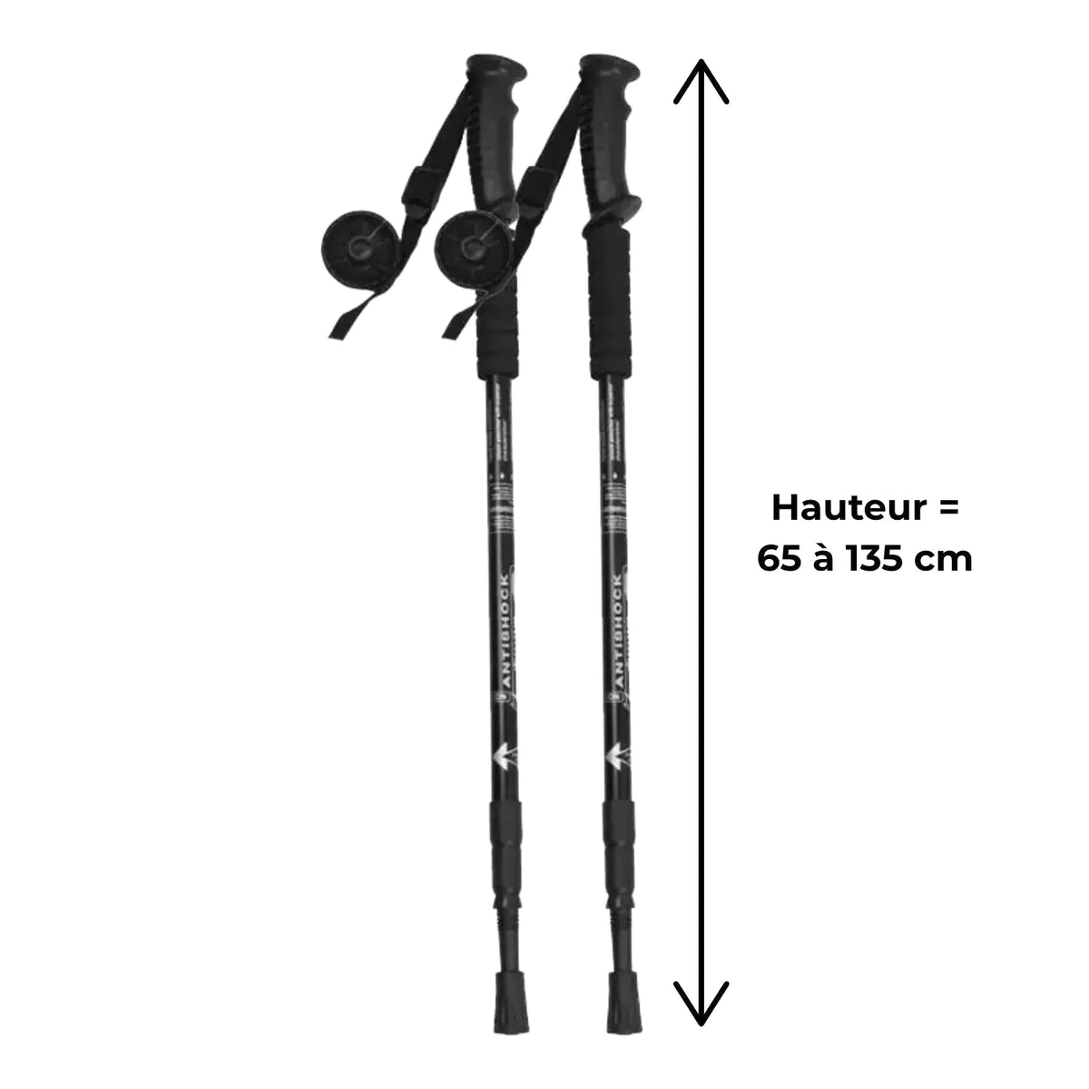 Black antishook brand telescopic hiking poles with adjustable height from 65 to 135 cm, featuring ergonomic grips and built-in wrist straps