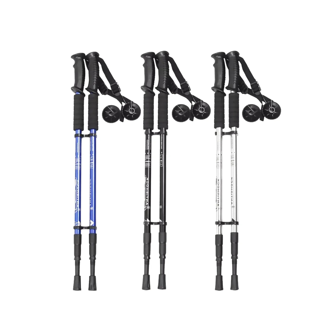 Three adjustable trekking poles with black ergonomic grips, padded wrist straps, and telescoping aluminum shafts in blue, black, and silver finishes