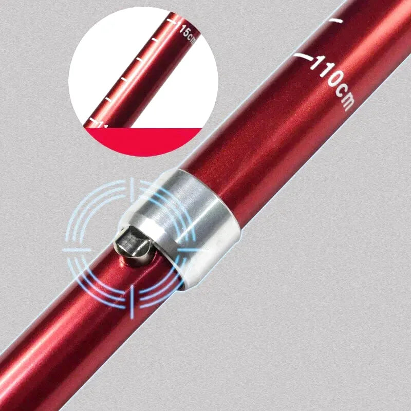 Red aluminum telescopic pole with silver metal clamp and measurement markings