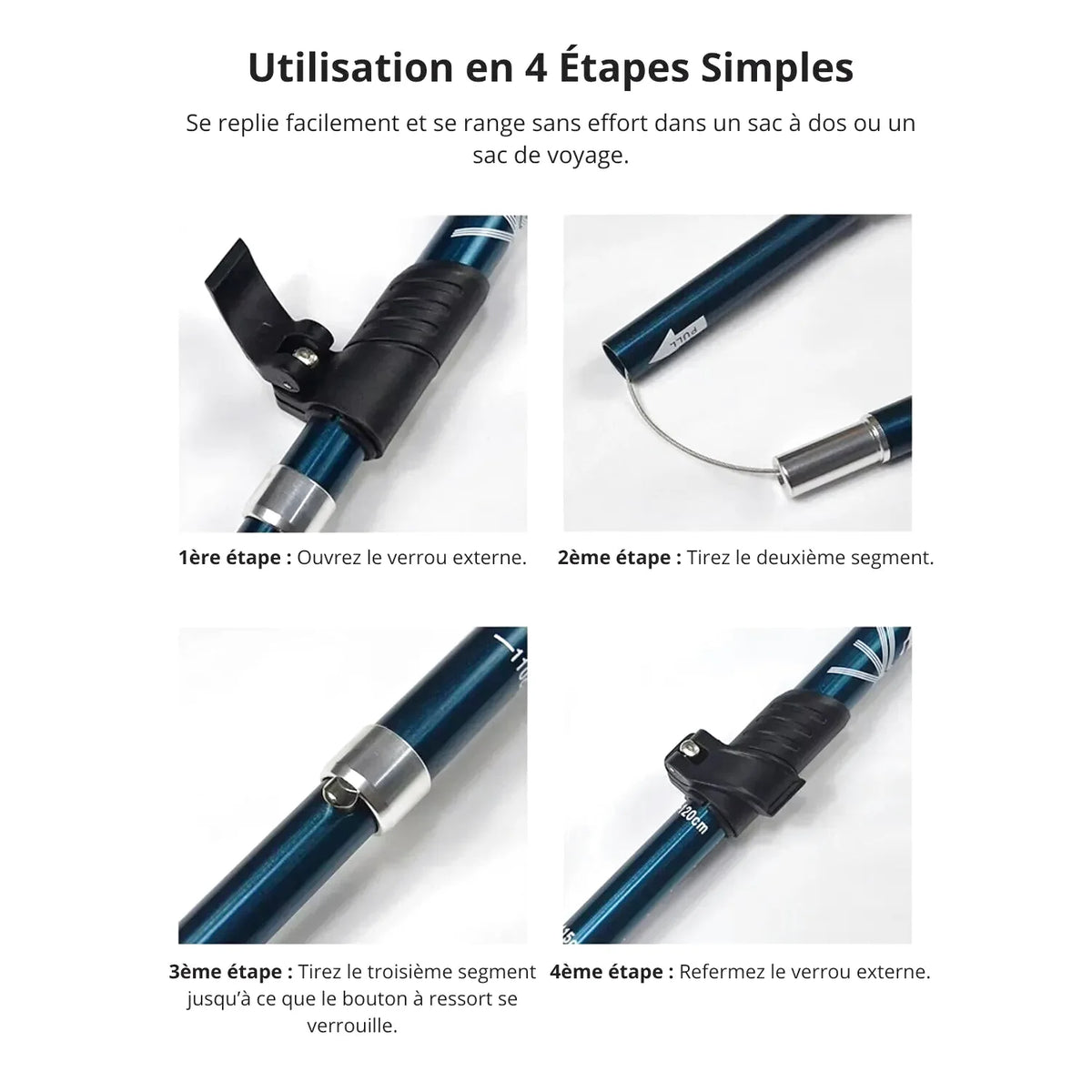 Blue telescopic pole with black and silver hardware