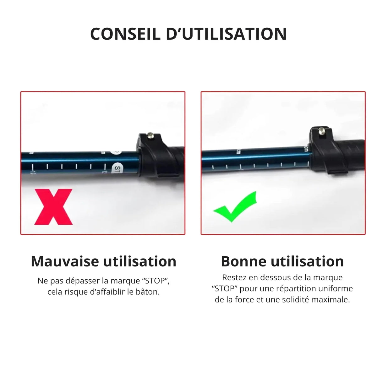 Blue telescopic hiking pole with black grip and measurement markings