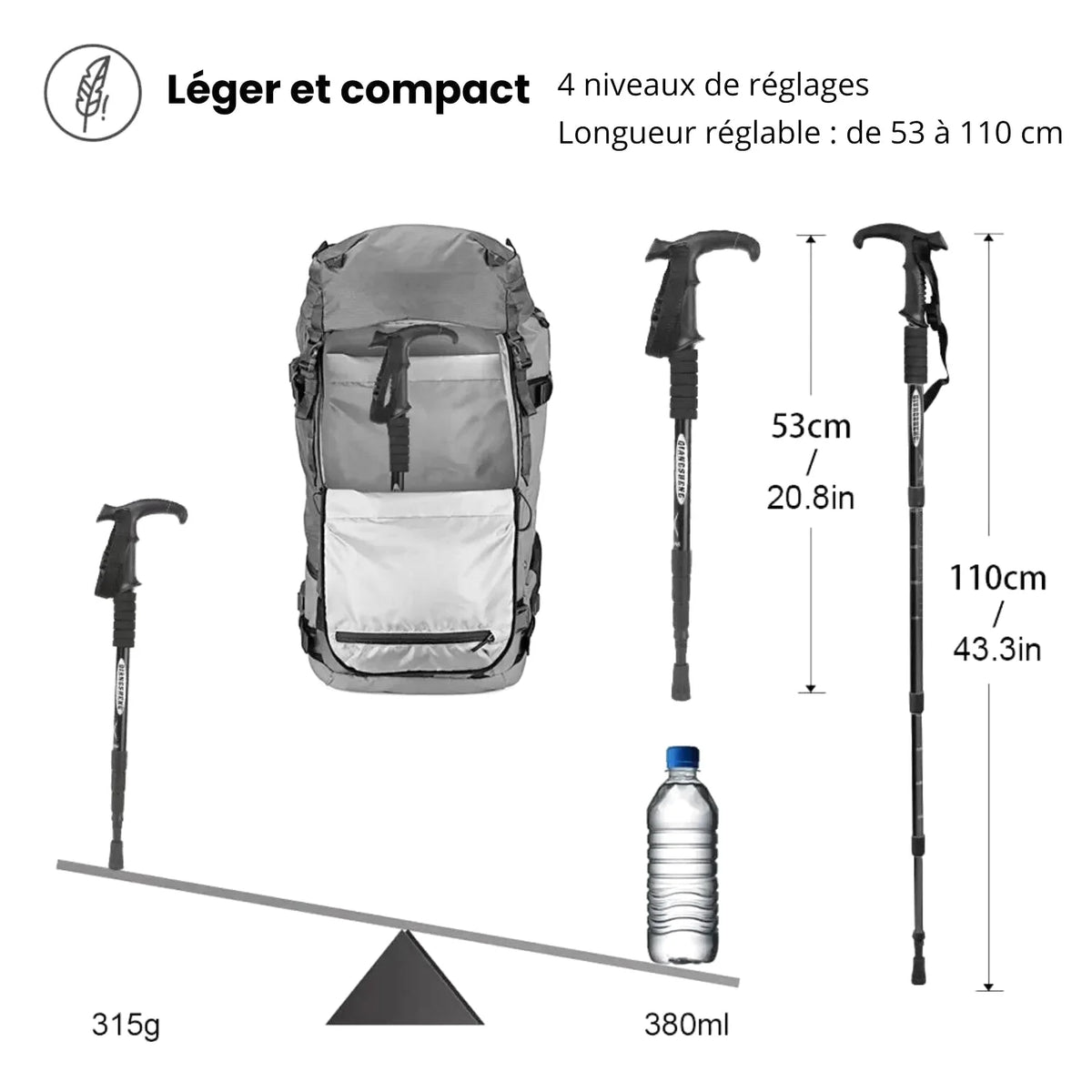 Black and gray adjustable trekking poles with ergonomic handles, designed for lightweight hiking support