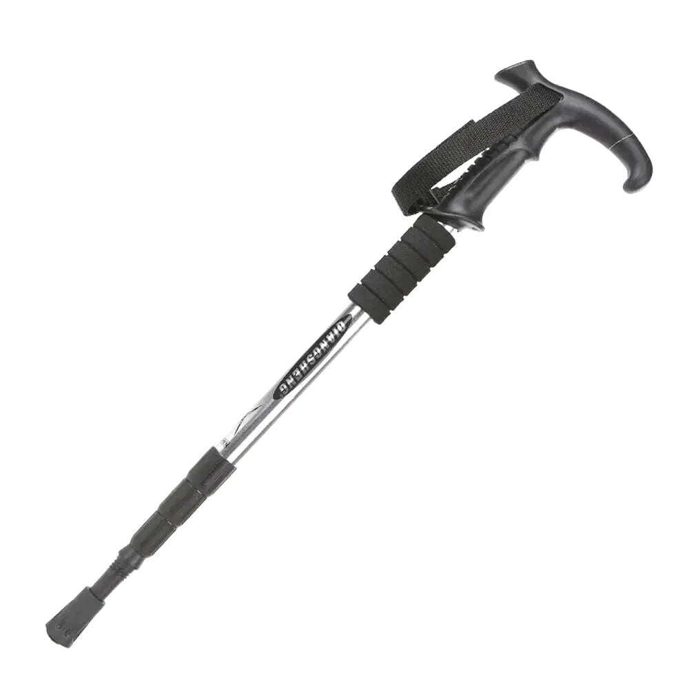 Black ergonomic trekking pole with adjustable telescopic aluminum shaft and textured grip sections