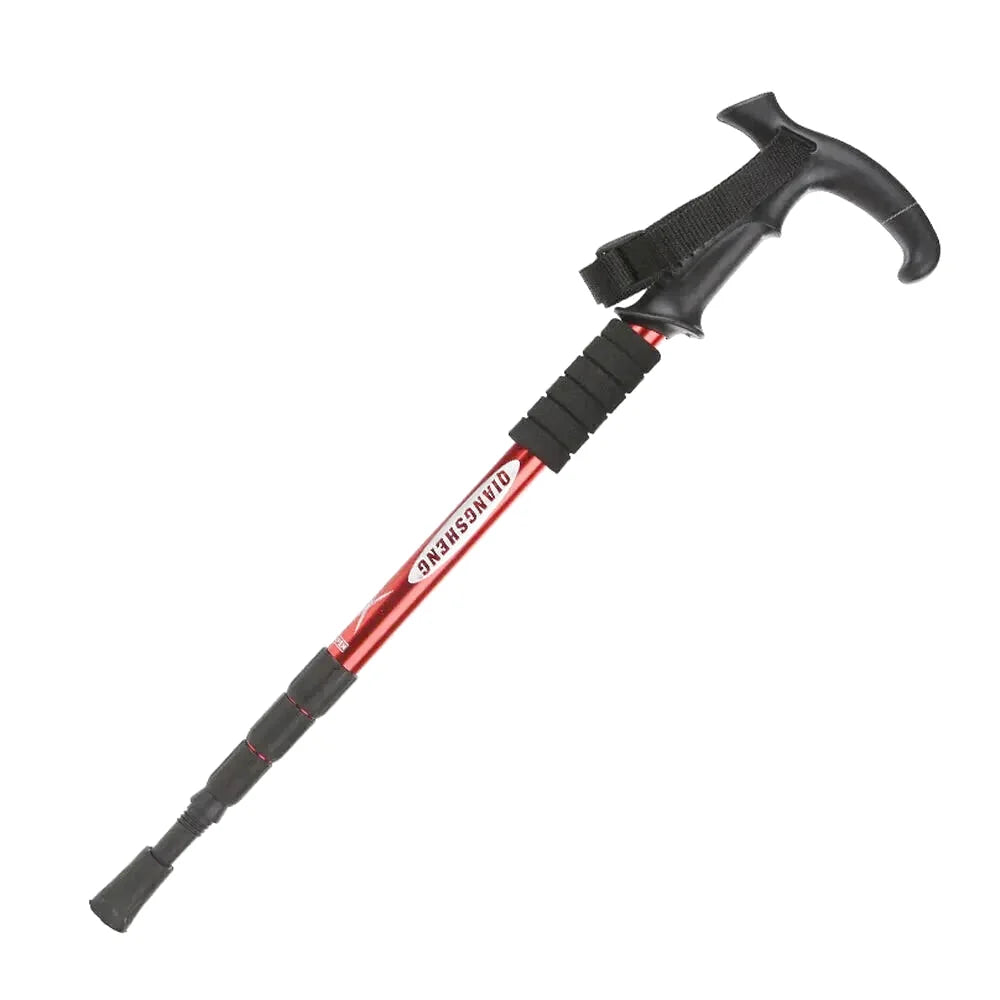 Red and black collapsible trekking pole with a ergonomic grip handle