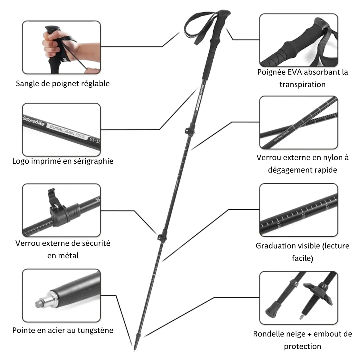 Bâton De Randonnée Télescopiques (56–135 cm) Quick Lock - Aluminium 7075 - Naturehike 135 - Esprit Rando