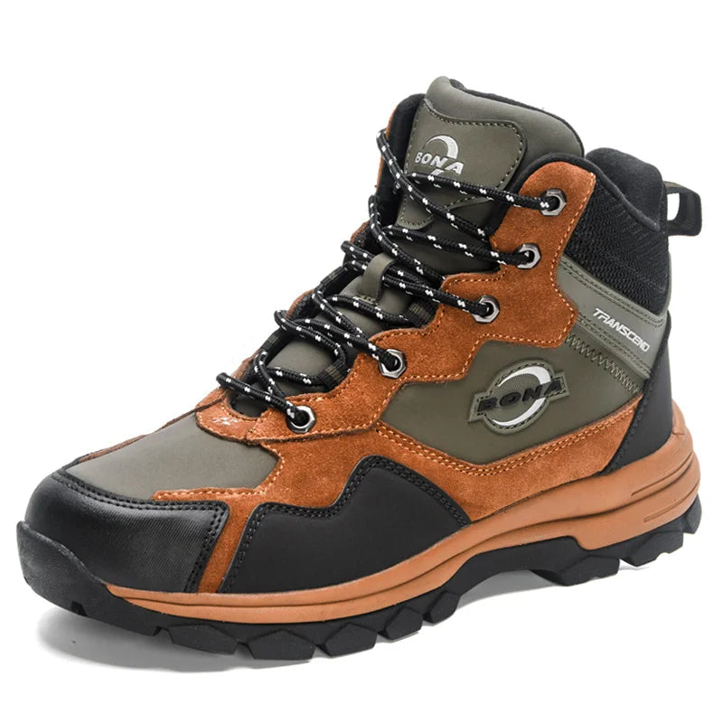 Brown and olive green suede and synthetic leather hiking boot with black accents