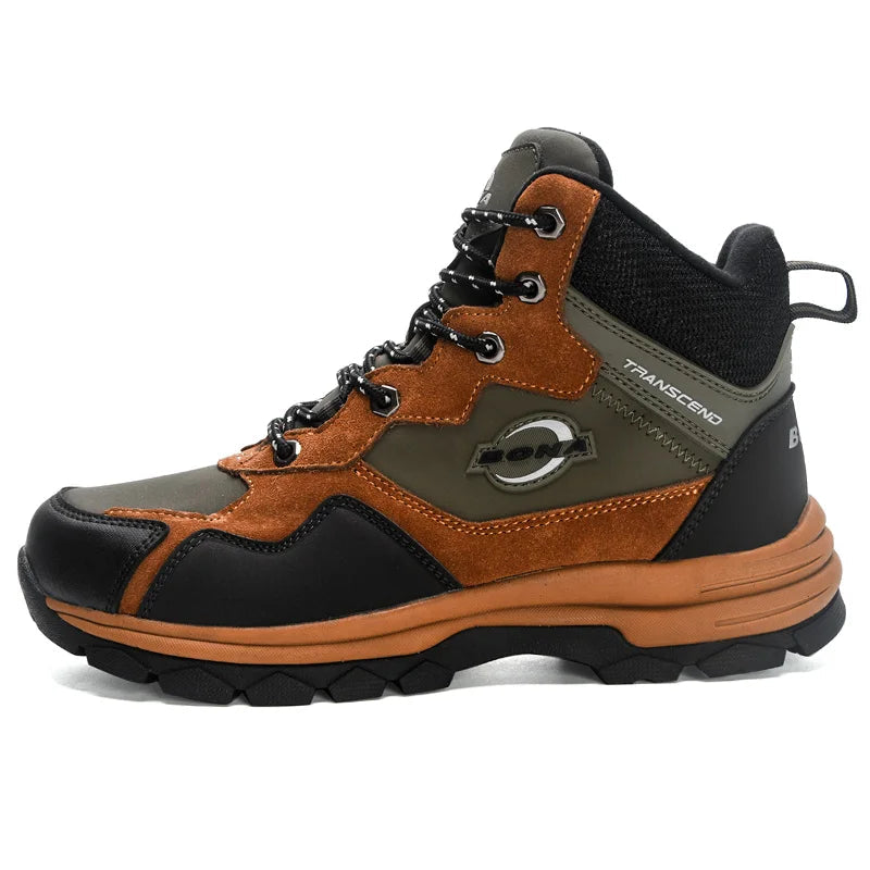 Brown and black high-top hiking boot with suede and synthetic overlays, featuring a rugged tread sole