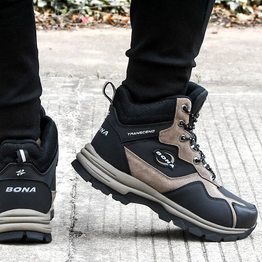 Black and tan bona transcend hiking boot with suede and synthetic leather panels