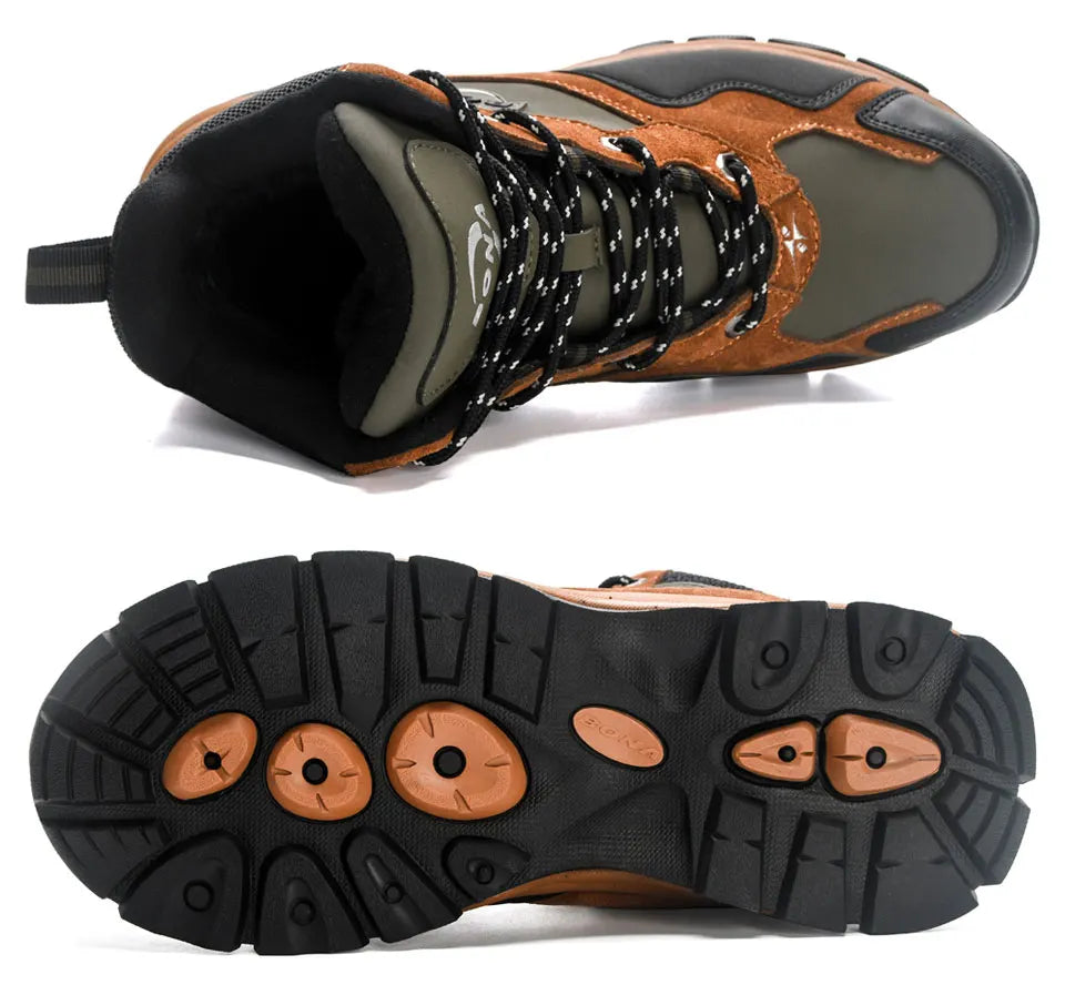 Brown and olive green hiking boot with black laces and a rugged rubber sole featuring orange circular traction pods