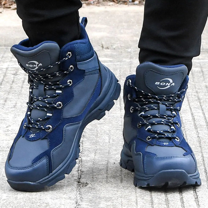 Blue bona hiking boots with a rugged, layered design and durable rubber soles