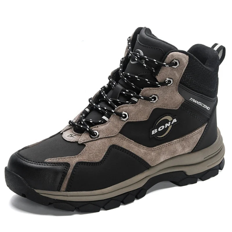 Black and taupe suede-and-leather hiking boot with silver eyelets, branded bona transcend