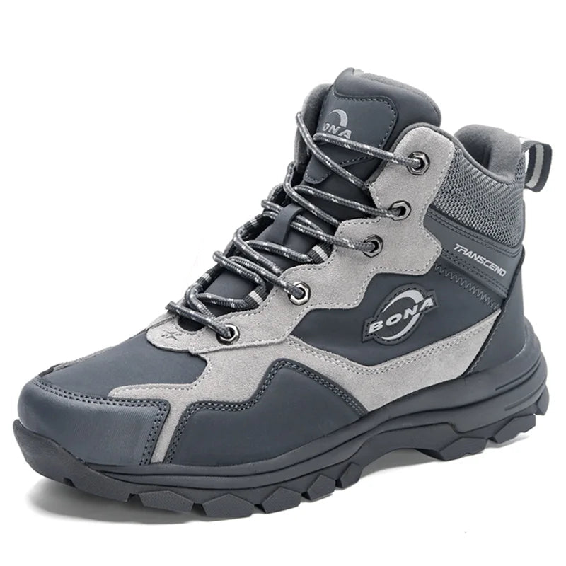 Gray and light gray suede-and-leather hiking boot with a rugged tread sole