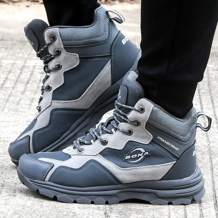 Gray and dark gray bona transcend high-top hiking boots with suede and mesh panels