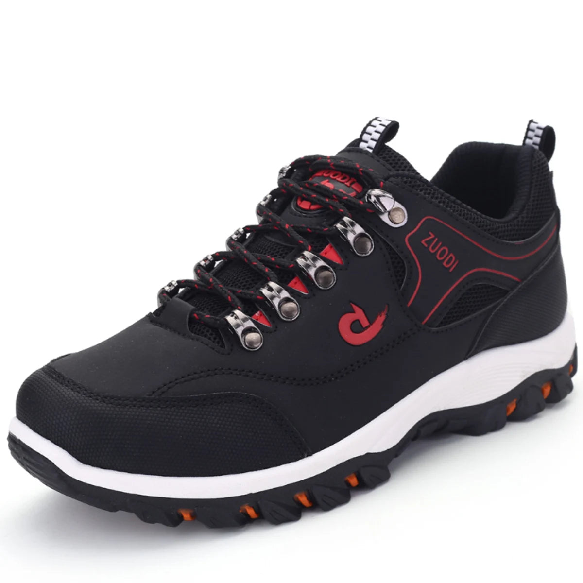 Black zuodi hiking shoe with red accents and silver eyelets