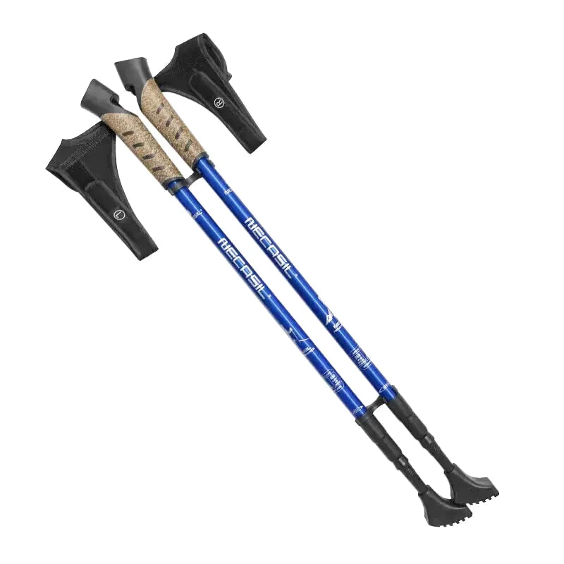 Blue mecasil trekking poles with black ergonomic grips and textured camouflage-patterned handles