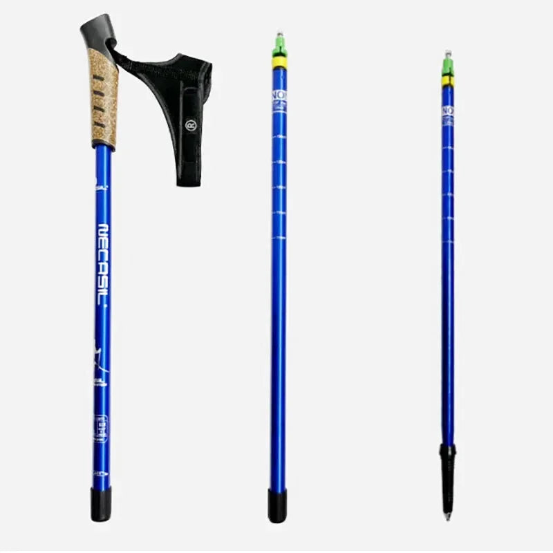 Blue telescopic hiking pole with cork and black grip, featuring a branded carrying case