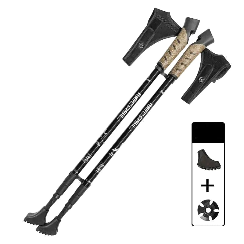 Black and tan camouflage-patterned trekking poles with black ergonomic grips, branded ’mecabil’ along the shafts