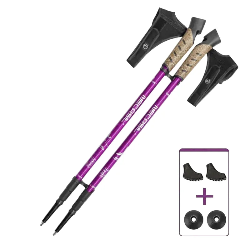 Purple mecasil brand telescopic hiking poles with textured cork-like grips and black adjustable tips