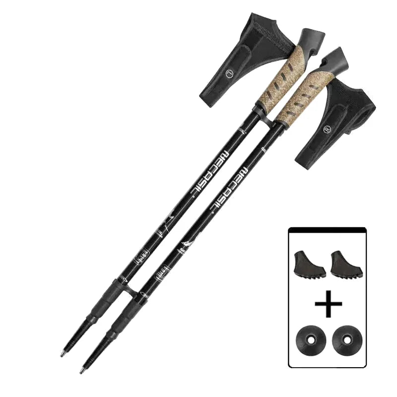 Black and tan hiking poles with textured grip handles, branded ’mecapsil’ on the shafts