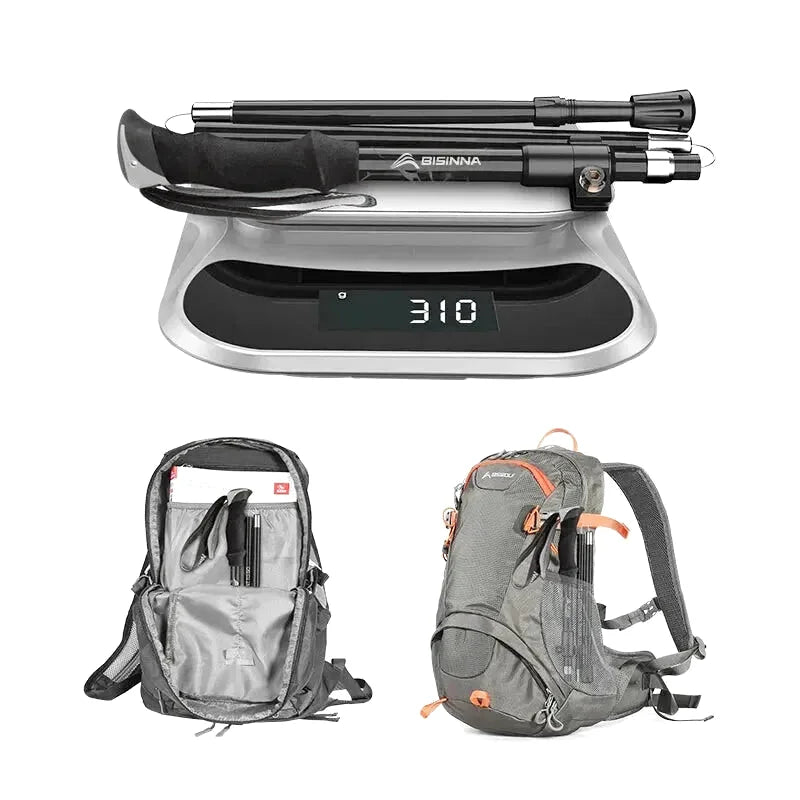 Gray and orange hiking backpack with multiple compartments and adjustable straps