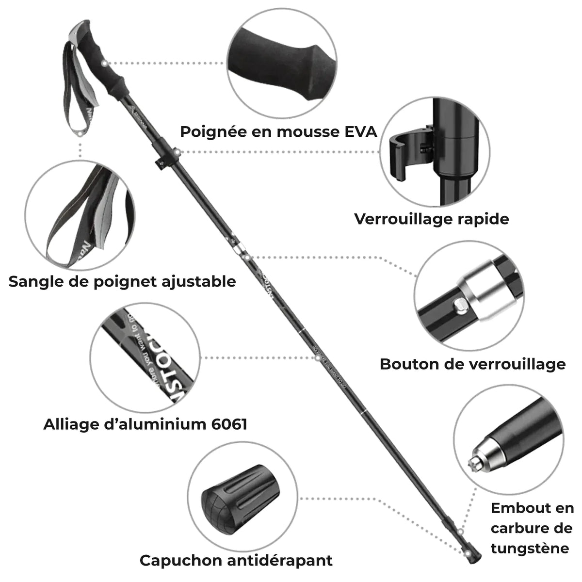 Black telescopic hiking pole with eva foam grip, aluminum 6061 alloy shaft, and tungsten carbide tip