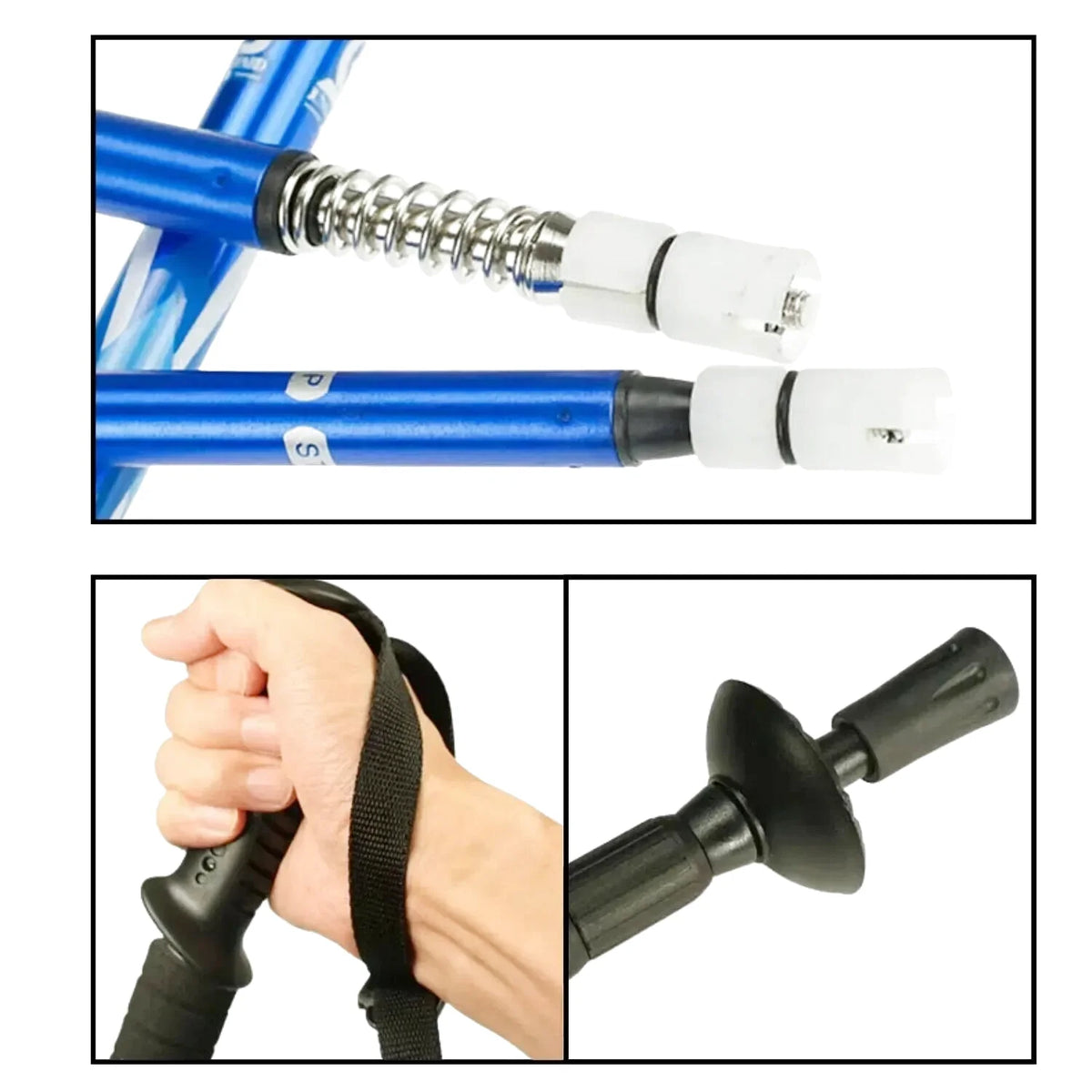 Blue and black adjustable trekking poles with ergonomic grips and spring-loaded mechanisms