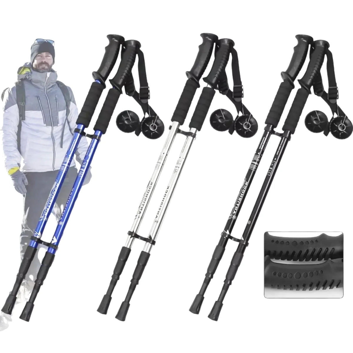 Three adjustable hiking poles in blue, silver, and black with textured rubber grips and wrist straps
