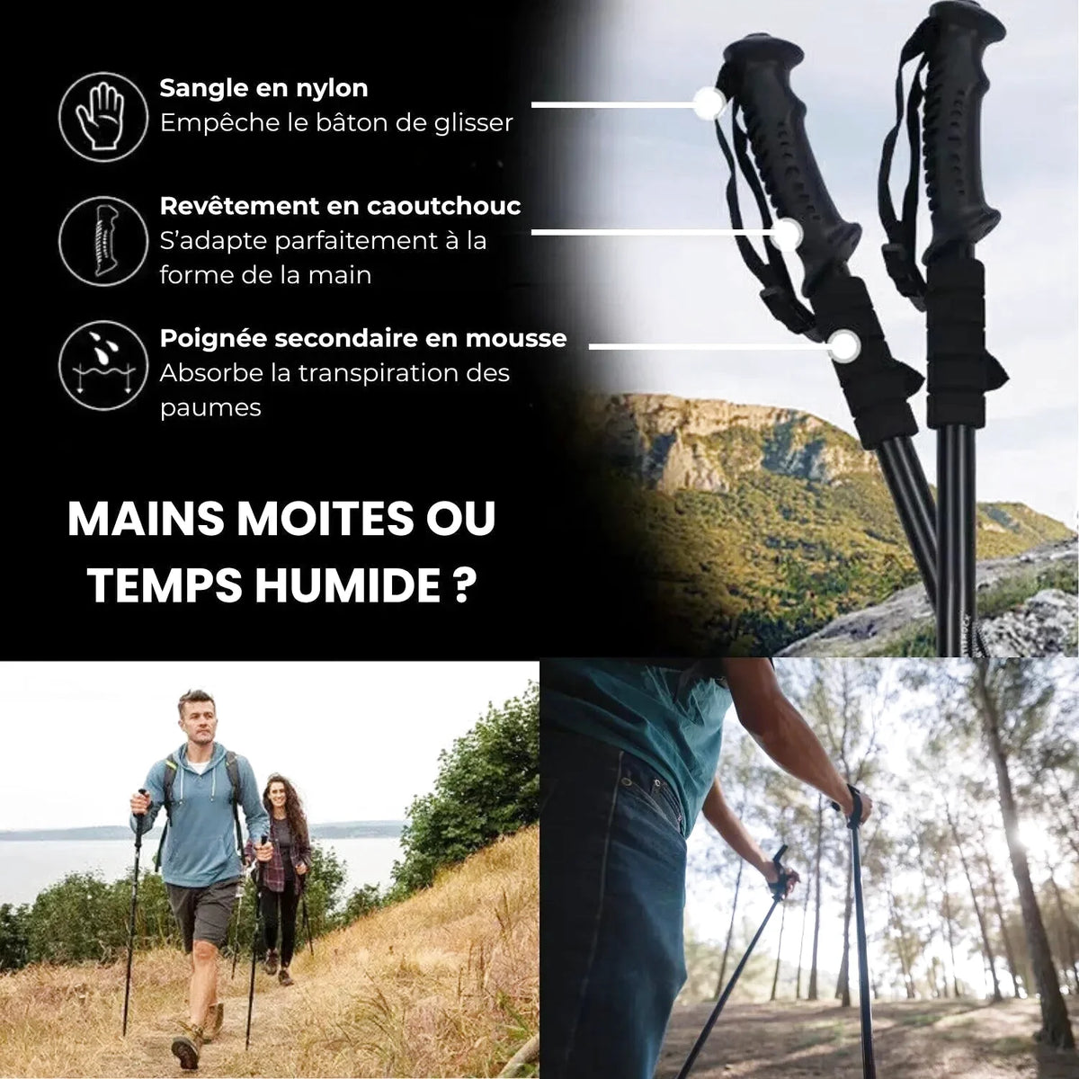 Black trekking poles with ergonomic grips and adjustable straps