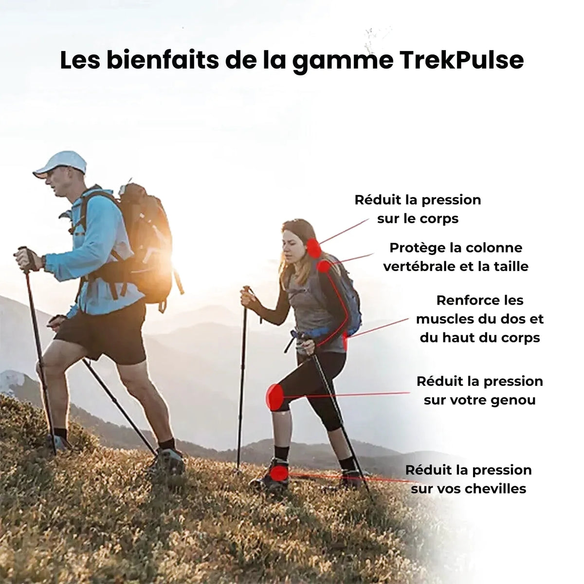 Red and black trekpulse hiking backpack with ergonomic design for back, spine, and knee support