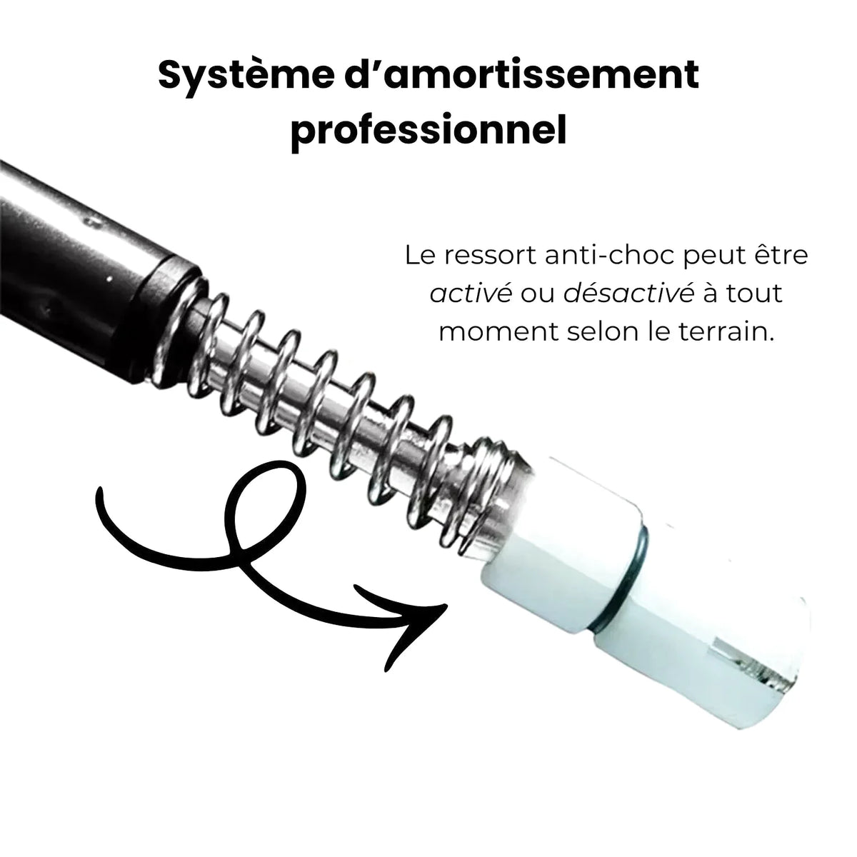 Professional shock absorption system featuring a metallic coil spring housed within black and white plastic end caps