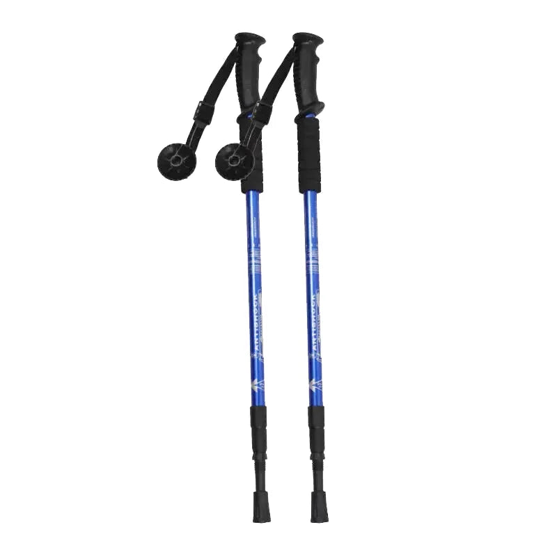Blue and black adjustable hiking poles with ergonomic grips and circular rubber tips