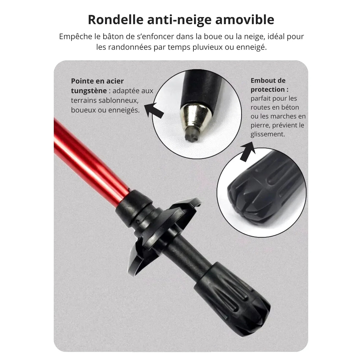 Red and black hiking pole with a tungsten steel tip for traction on muddy or snowy terrain