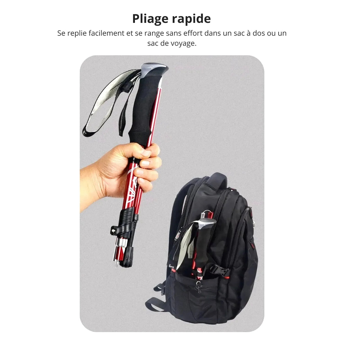 Red and black collapsible hiking pole with a textured grip