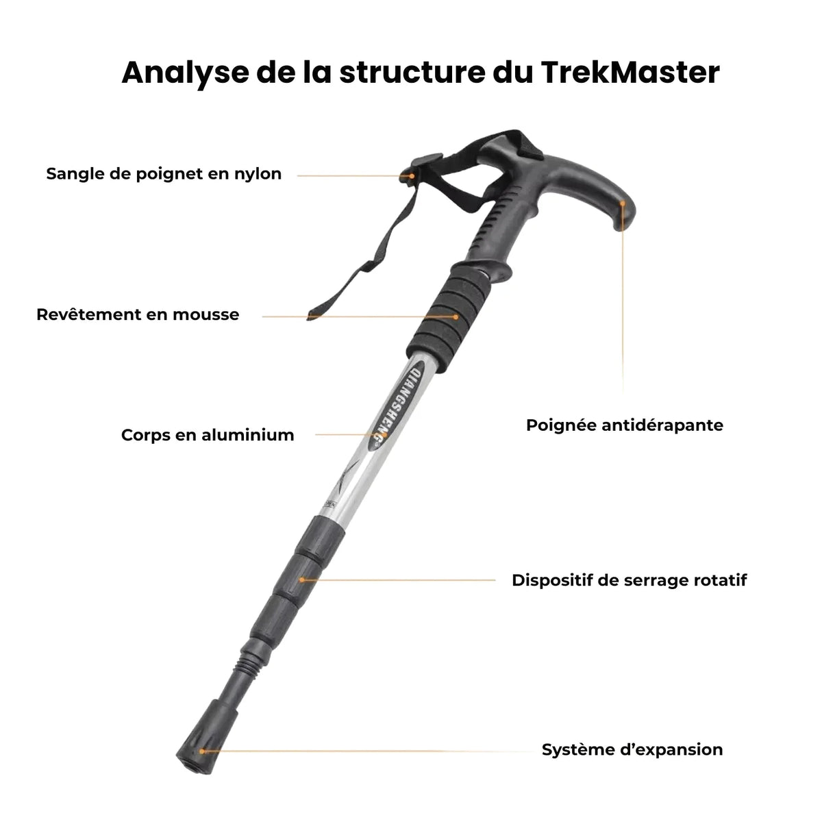 Black and silver trekmaster trekking pole with a textured grip, foam padding, aluminum shaft, and adjustable locking mechanism