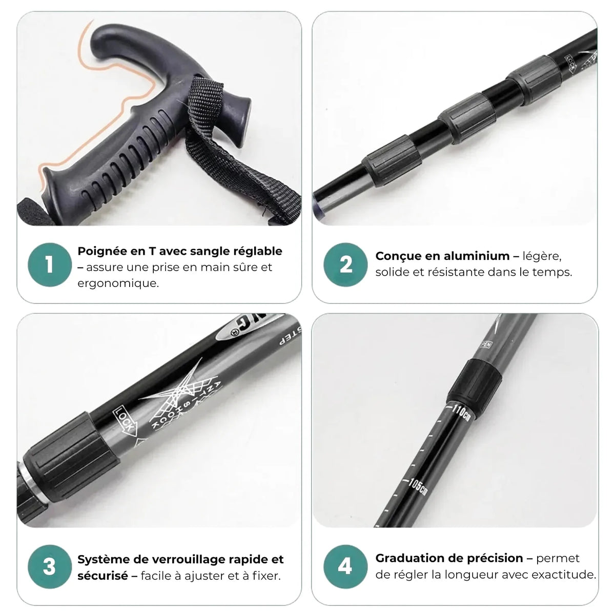 Black aluminum hiking pole with textured t-shaped grip and adjustable locking mechanism