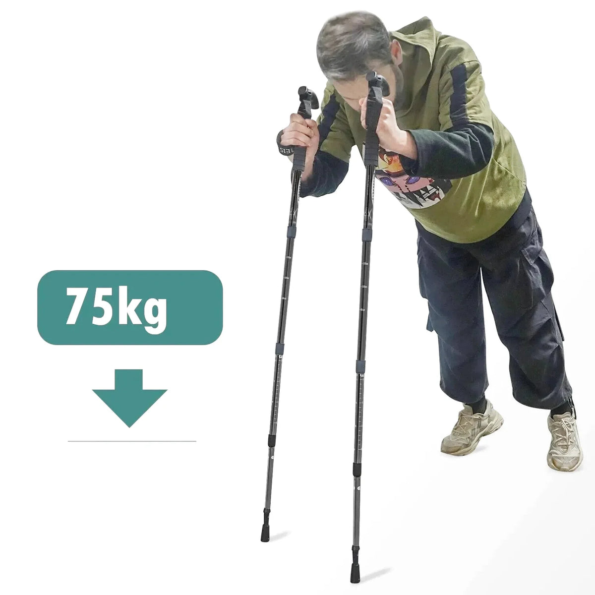 Black, adjustable trekking poles with ergonomic grips and telescoping sections