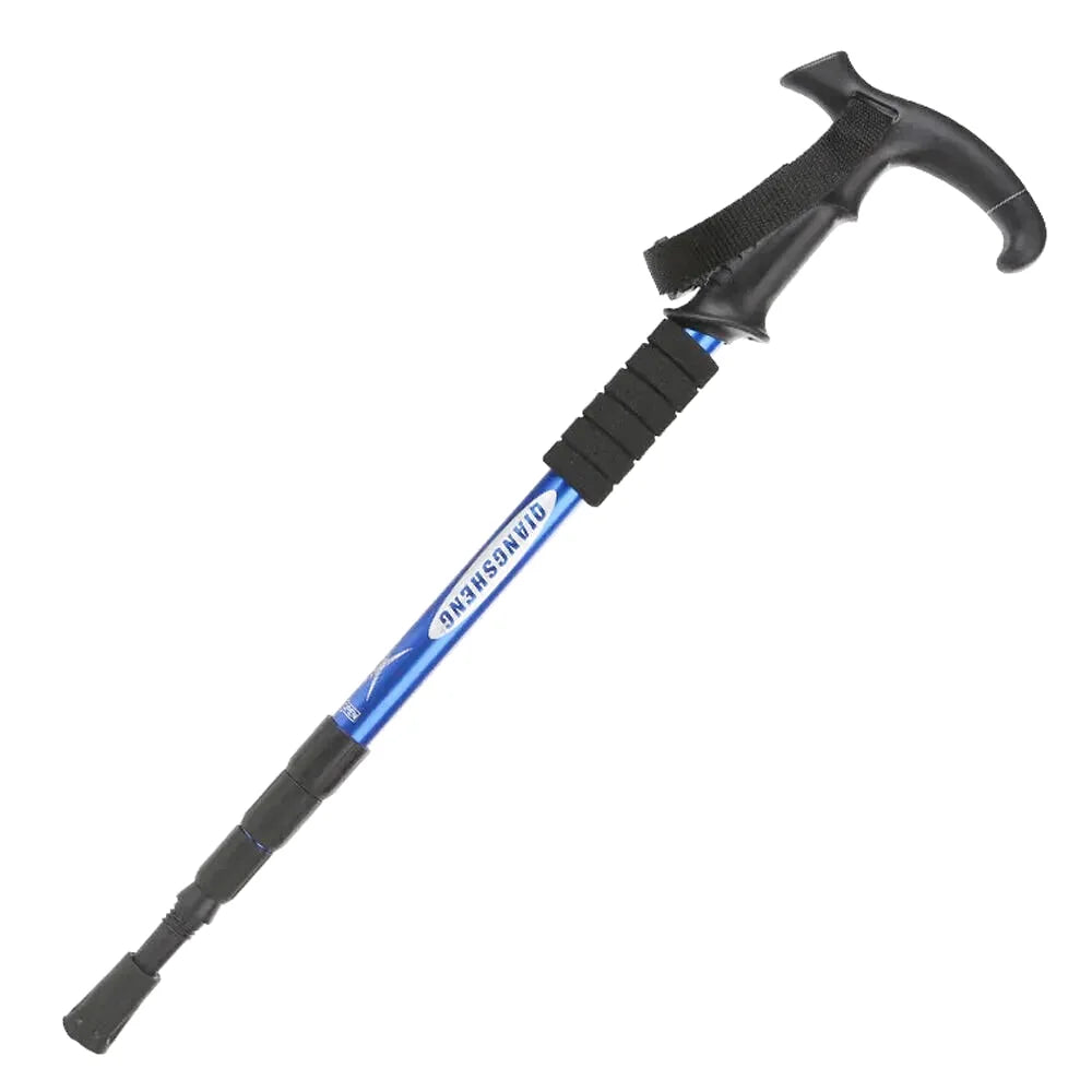 Blue and black adjustable trekking pole with a ergonomic grip