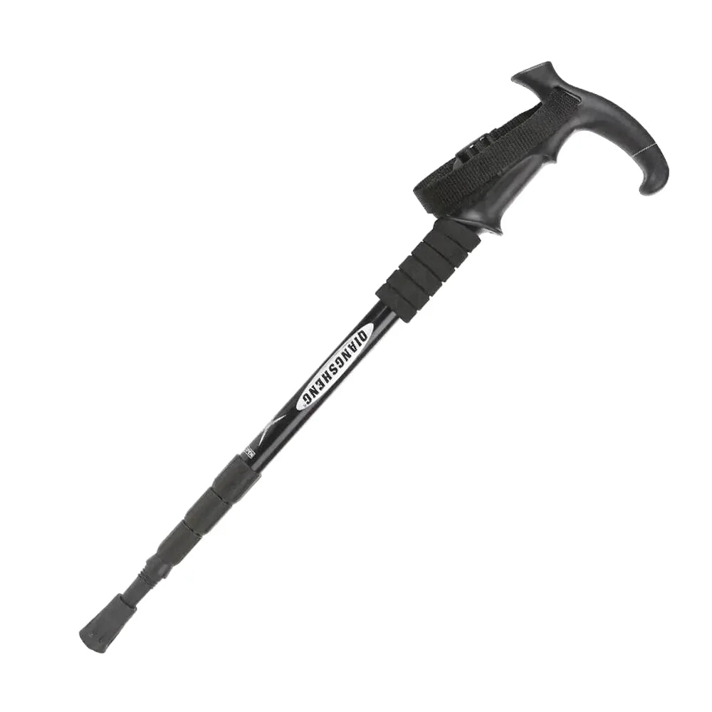 Black telescopic hiking pole with ergonomic grip and textured sections